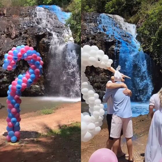 casal tinge cachoeira de azul em tangará 