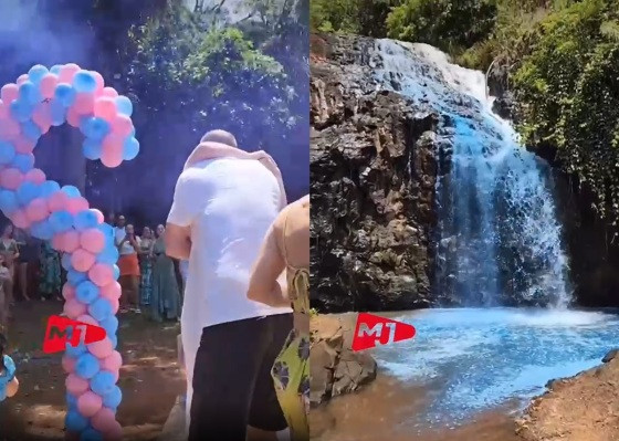 Casal cachoeira tingida de azul