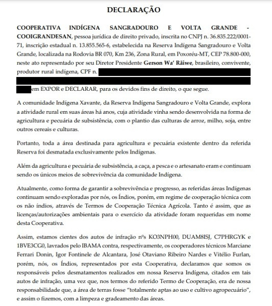 Declaração indígenas sobre o dano ambiental na TI Sangradouro