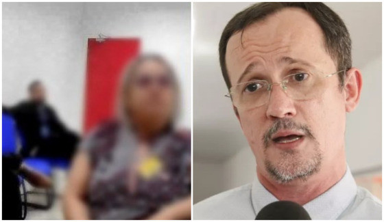 A esquerda, mãe de vítima que foi presa durante audiência e o juiz Wladymir Perri a direita. 