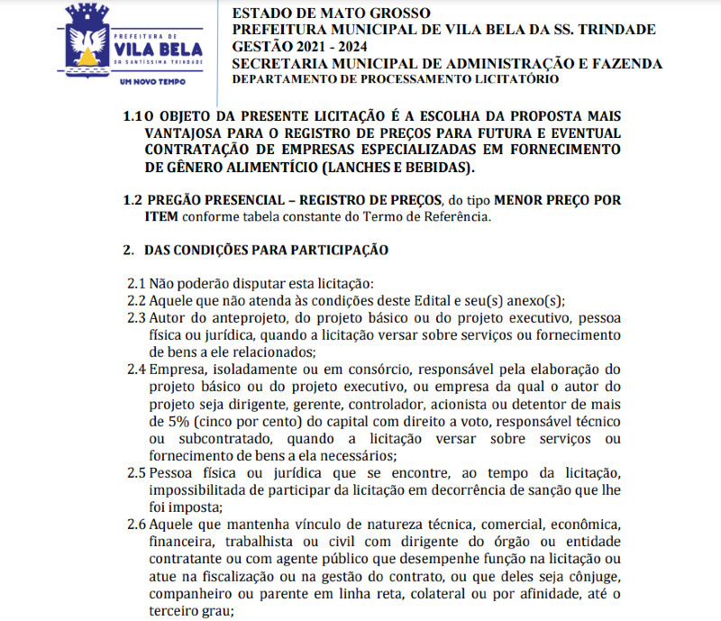 Print, contratação, 2023, pregão, prefeitura, vila bela da santíssima trindade