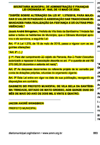 alteração, lei, repasse, festança, vila bela, prefeitura