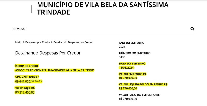 espelho, detalhamento, despesas, festança, vila bela