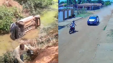 Viatura policial e motocicleta caem em córrego durante perseguição; vídeo