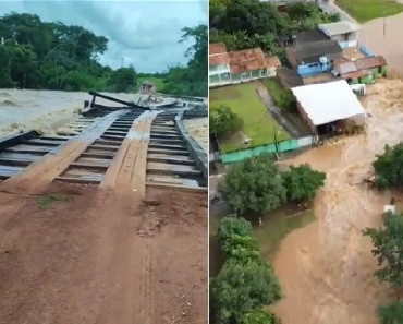 Vídeos mostram água destruindo ponte e invadindo cidade