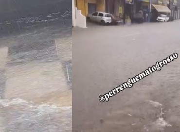 Tempestade alaga diversas avenidas e causa transtorno para motoristas em Cuiabá 